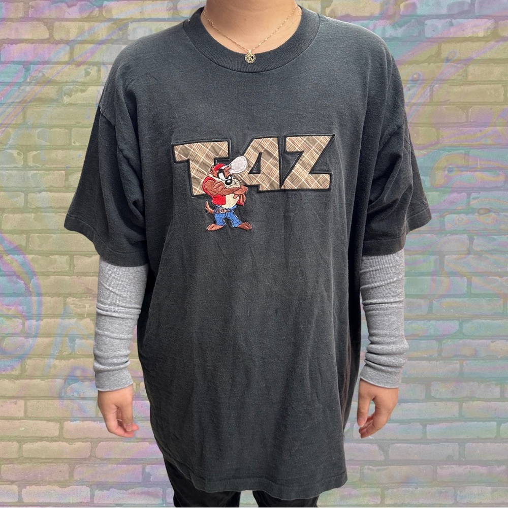 Vintage 1992 Looney Tunes Taz Burberry-Like Patch-Embroidery Logo USA Made Shirt